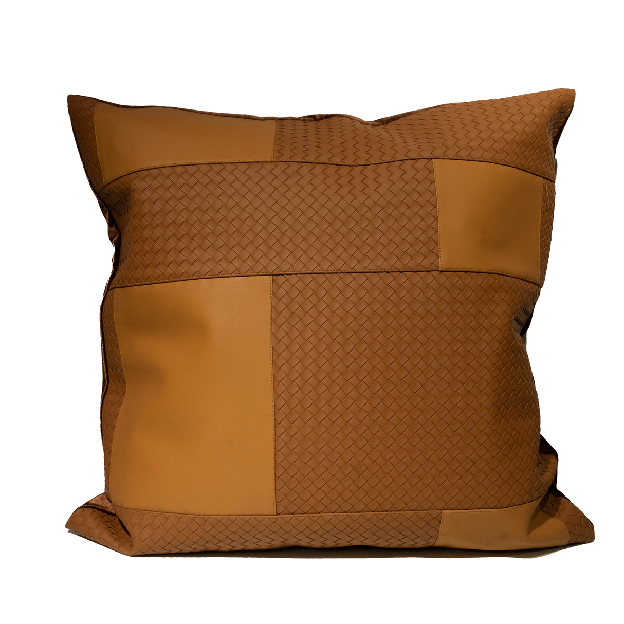 Brown pillow with woven pattern on a white background