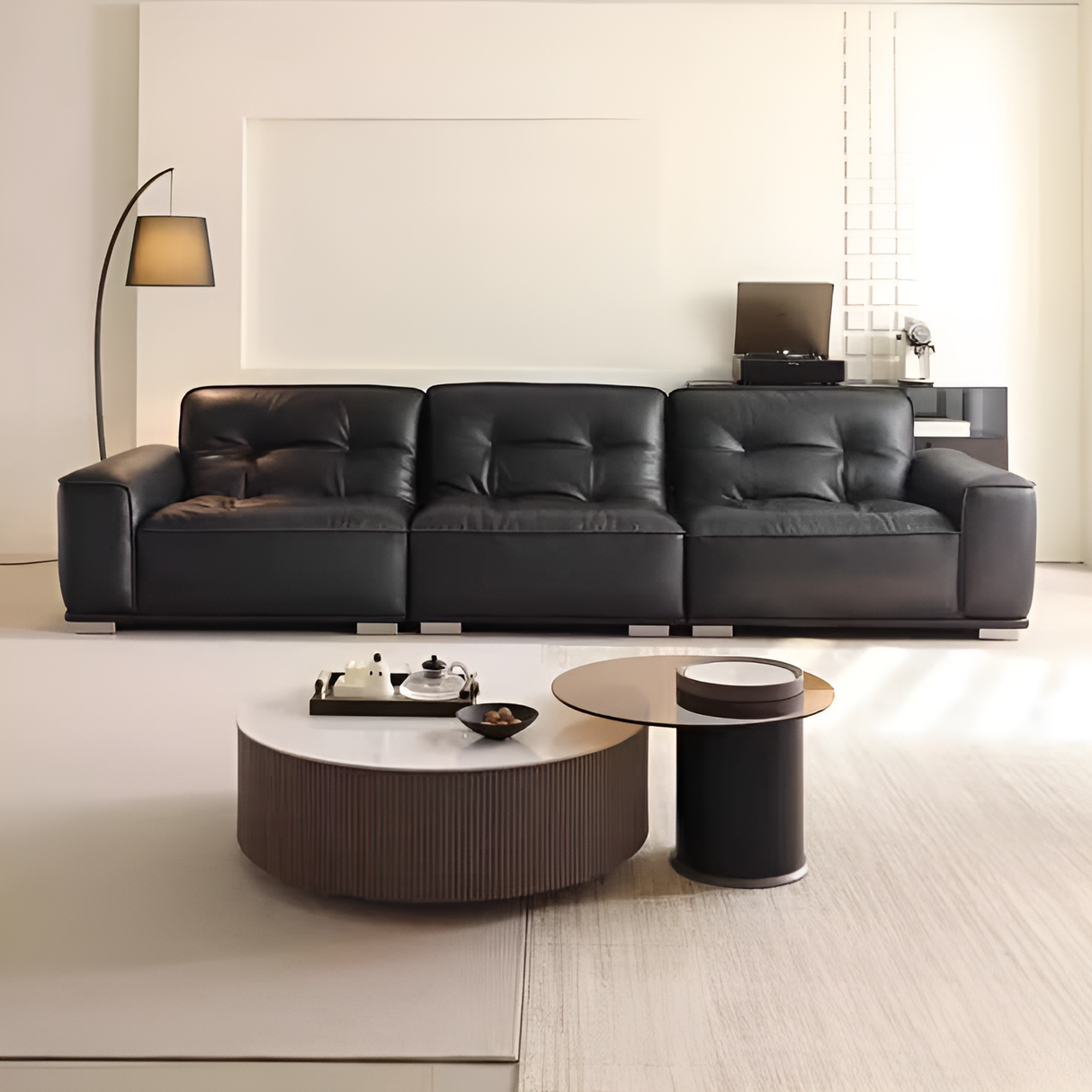 Rhodes 3 Seater Sofa - Premium Hybrid Leather Sofa Set with Ottoman | Modern Black Leather Couch | Button Tufted Design | Contemporary Living Room Furniture | Meeshan Furniture