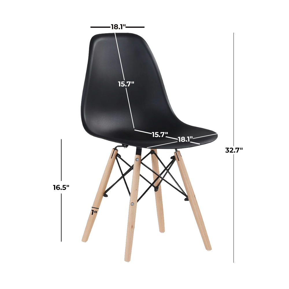 DWS Plastic Dining Chair with Wooden Legs - Modern Cafe Style Kitchen Chair, Ergonomic Seat, Easy Assembly - Black