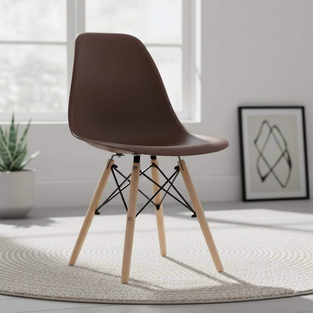 DWS Plastic Dining Chair with Wooden Legs - Modern Cafe Style Kitchen Chair, Ergonomic Seat, Easy Assembly - Black