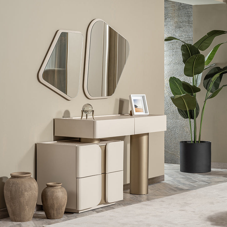 Modern bathroom interior with a vanity, mirrors, and decorative elements.
