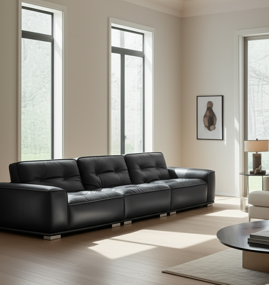 Rhodes 3 Seater Sofa - Premium Hybrid Leather Sofa Set with Ottoman | Modern Black Leather Couch | Button Tufted Design | Contemporary Living Room Furniture | Meeshan Furniture