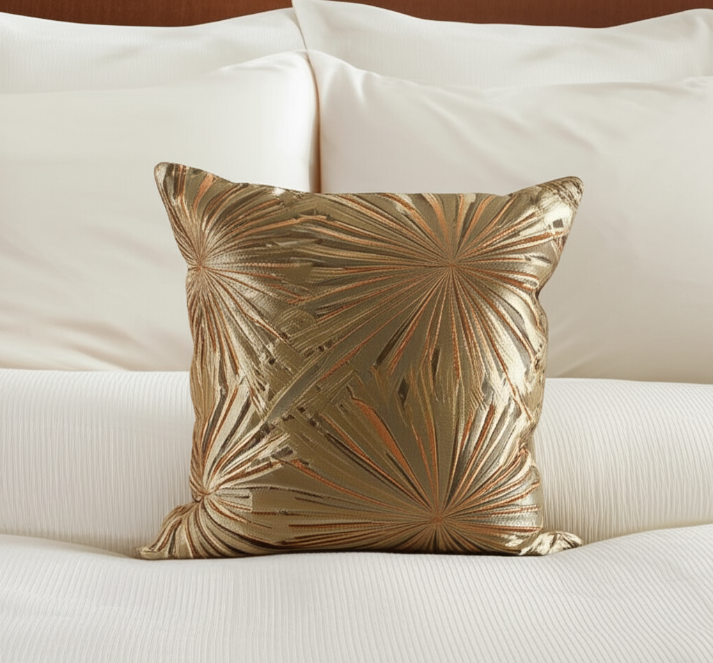 Gold leaf-patterned pillow on a white sofa