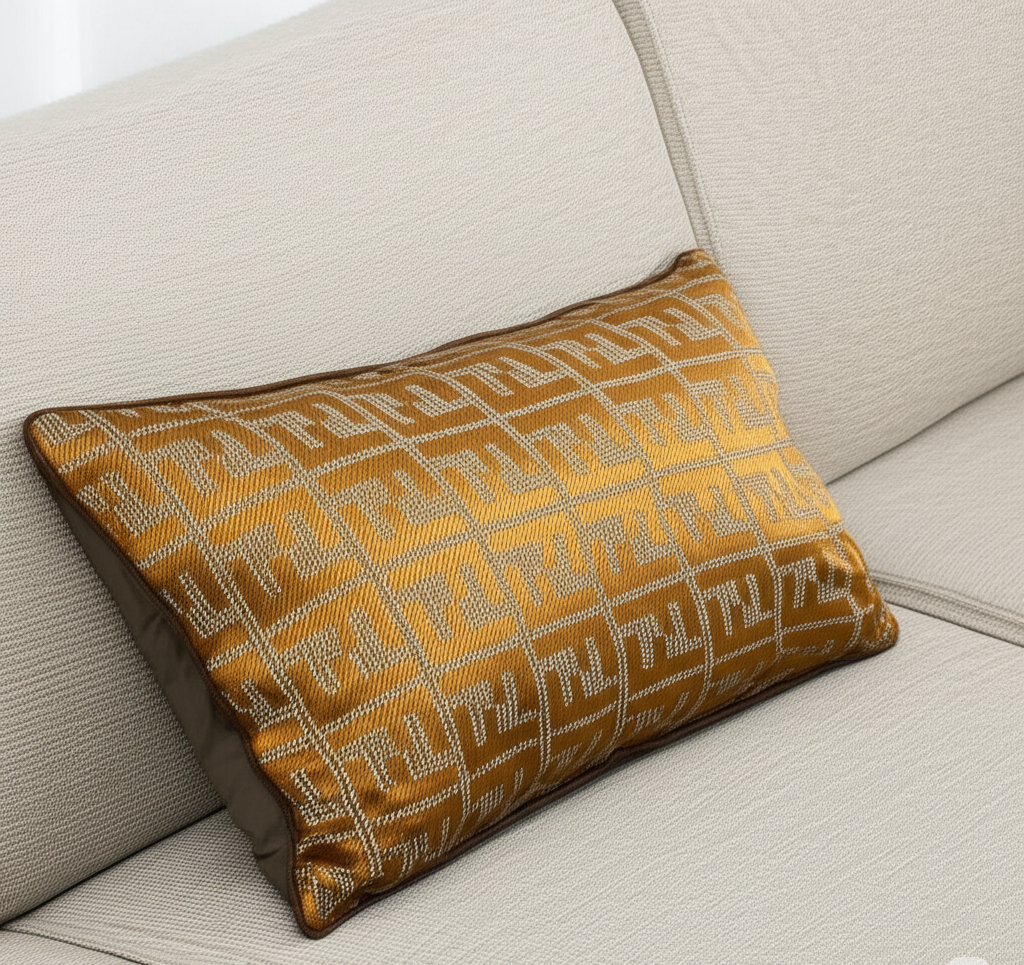 Decorative pillow with geometric pattern on a beige sofa