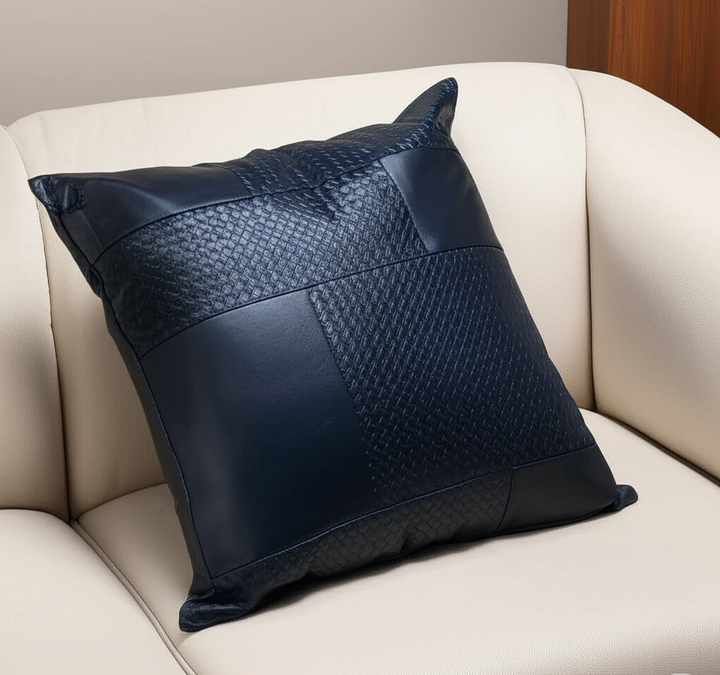 Blue textured pillow on a beige sofa