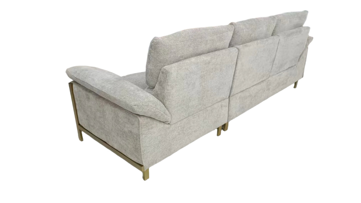 Luman Sofa - Modern 3 Seater Fabric Sofa | Light Textured Upholstery with Golden Metal Legs | Contemporary Comfortable Living Room Couch | Meeshan Furniture
