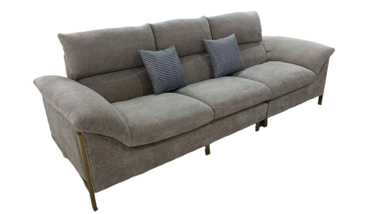 Luman Sofa - Modern 3 Seater Fabric Sofa | Light Textured Upholstery with Golden Metal Legs | Contemporary Comfortable Living Room Couch | Meeshan Furniture