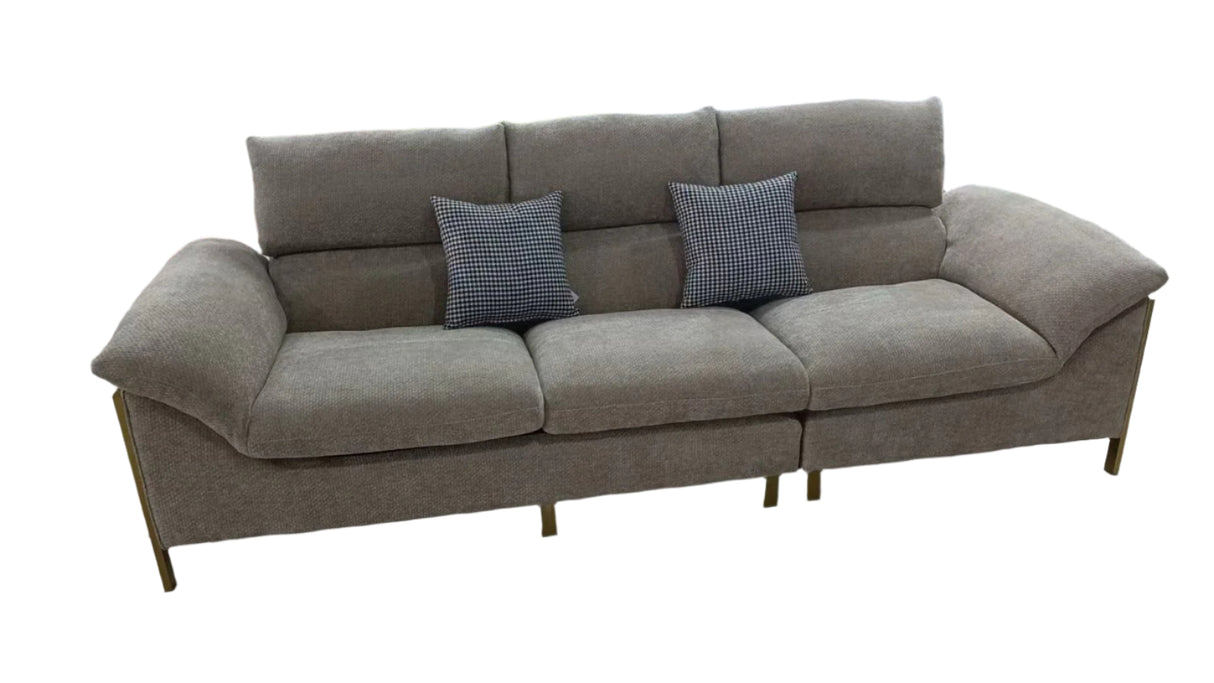 Luman Sofa - Modern 3 Seater Fabric Sofa | Light Textured Upholstery with Golden Metal Legs | Contemporary Comfortable Living Room Couch | Meeshan Furniture