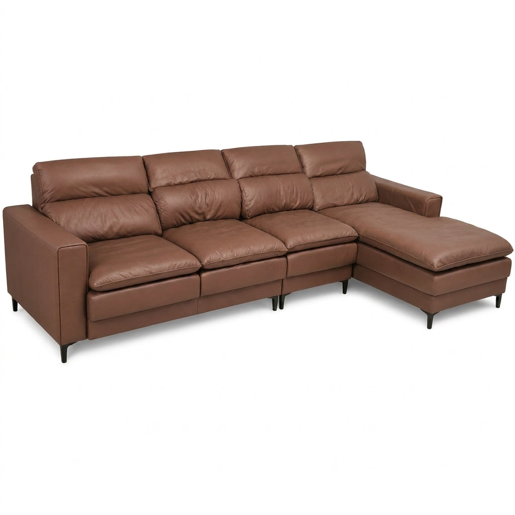 A brown leather sectional sofa with a right-facing chaise lounge, shown from a three-quarter angle against a plain white background.