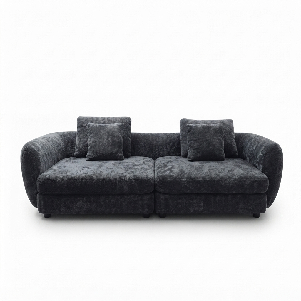 A modern two-seater sofa upholstered in a dark charcoal gray textured fabric, featuring two matching square throw pillows, shown against a plain white background.