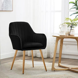 Kole Velvet Armchair with light Wood texture legs (Black)