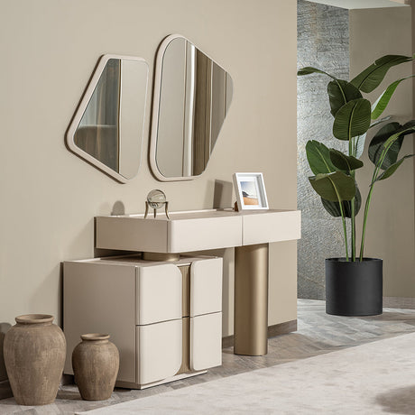 Modern bathroom interior with a vanity, mirrors, and decorative elements.