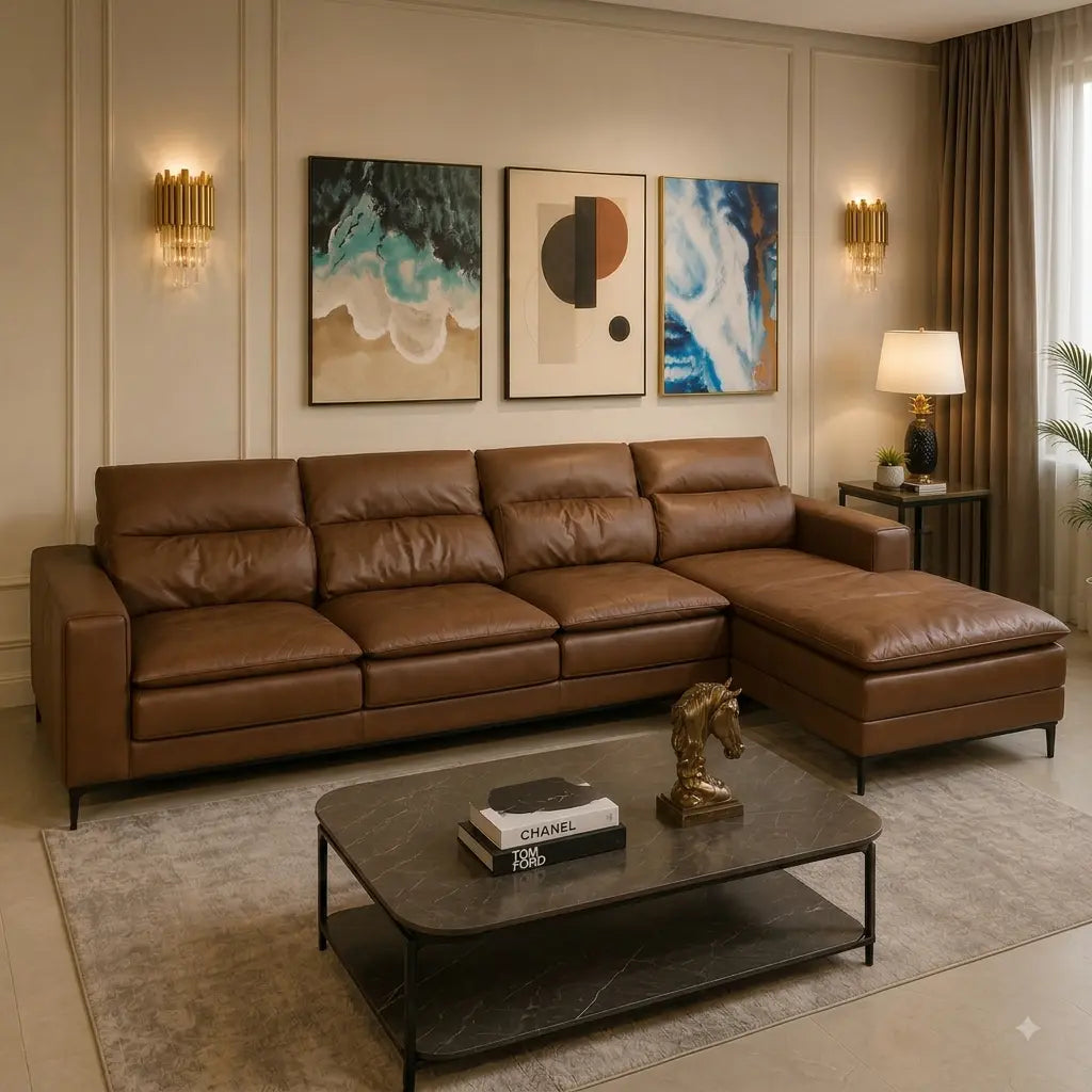 A modern brown leather sectional sofa with a chaise lounge, styled in a contemporary living room with abstract wall art, gold sconces, a marble coffee table, and a gray rug.