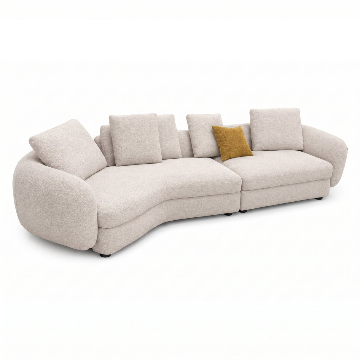 A modern curved upholstered sofa in a light beige textured fabric, featuring multiple matching back cushions and a single mustard yellow accent pillow, shown on a plain white background.