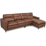 A brown leather sectional sofa with a right-facing chaise lounge, shown from a three-quarter angle against a plain white background.