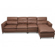 A brown leather sectional sofa with a right-facing chaise lounge, shown from a front angle against a plain white background.