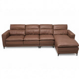 A brown leather sectional sofa with a right-facing chaise lounge, shown from a front angle against a plain white background.