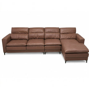 A brown leather sectional sofa with a right-facing chaise lounge, shown from a front angle against a plain white background.