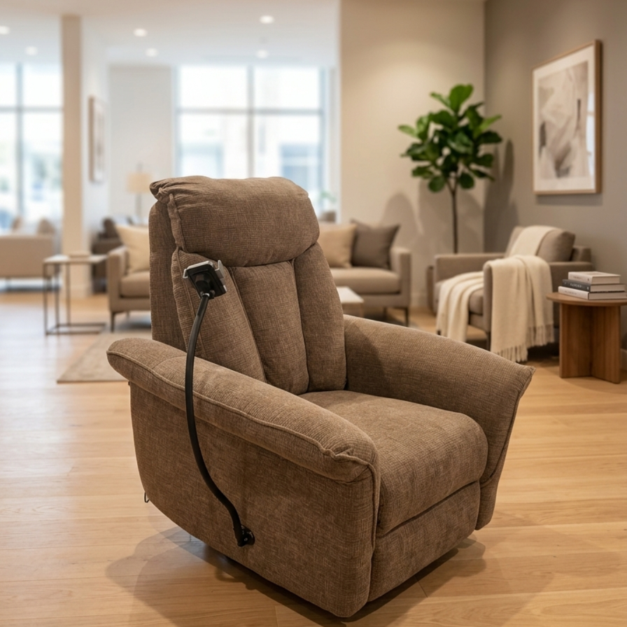 A plush upholstered recliner chair in warm taupe-brown fabric, shown in a modern living room with wood floors, recessed lighting, and neutral-toned furniture in the background.