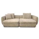 A modern two-seater sofa upholstered in a textured beige bouclé fabric, featuring two matching square throw pillows, shown against a plain white background.