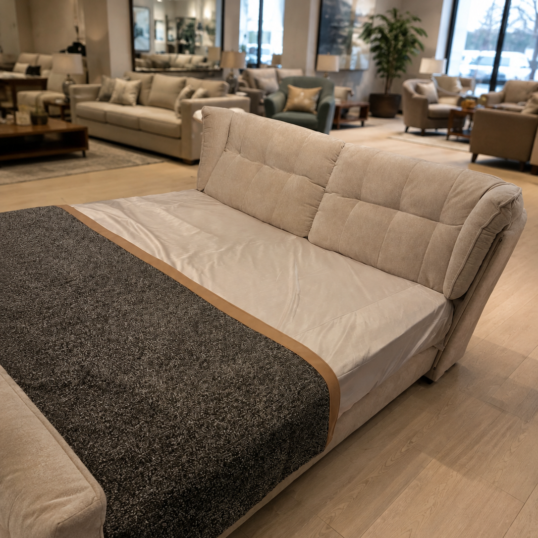 A modern tufted sofa bed in light beige fabric, shown with a dark gray textured throw blanket draped across the front, set on a light wood floor in a furniture showroom.
