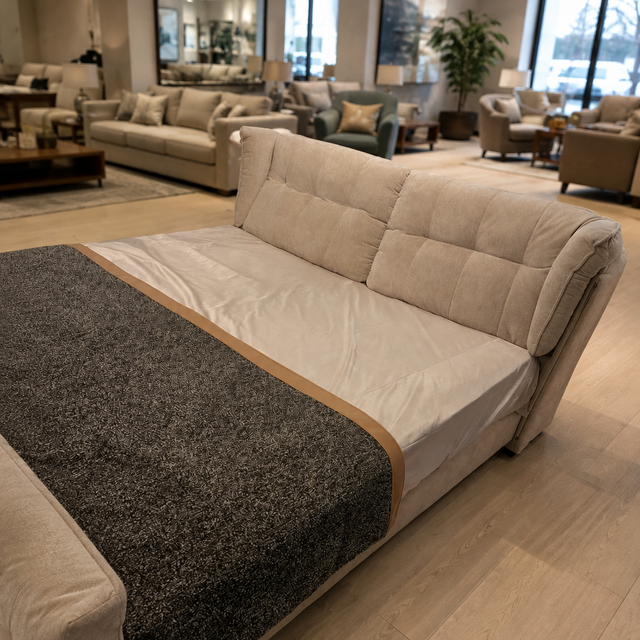 A modern tufted sofa bed in light beige fabric, shown with a dark gray textured throw blanket draped across the front, set on a light wood floor in a furniture showroom.