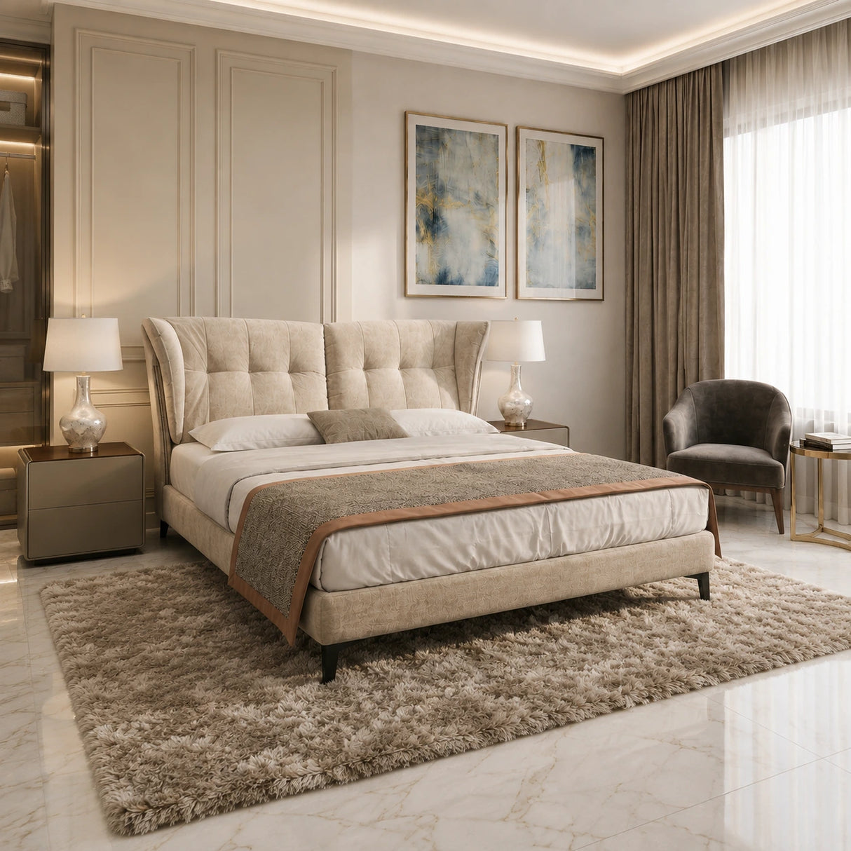 Titan Luxury Fabric Bed – Tufted Wingback Upholstered Bed