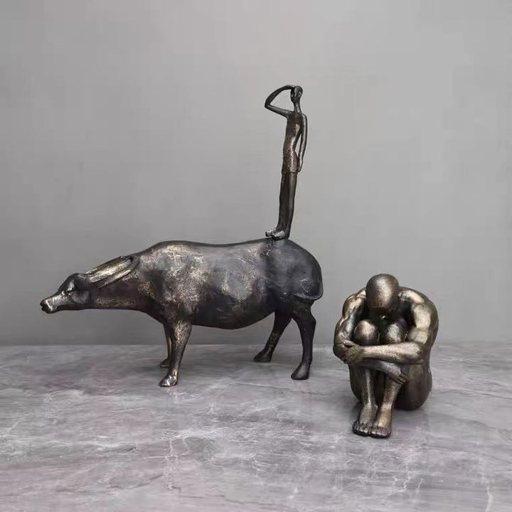 Metallic Longhorn Cow & Man Figure