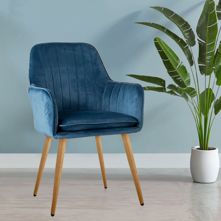 Kole Velvet Armchair with light Wood texture legs (Blue)