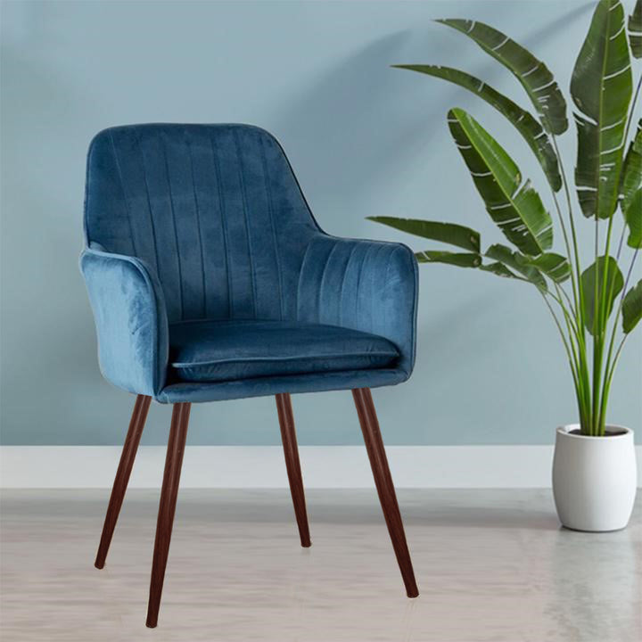 Kole Velvet Armchair with dark Wood text, wooden dining chairs, dining chairsure legs (Blue) 